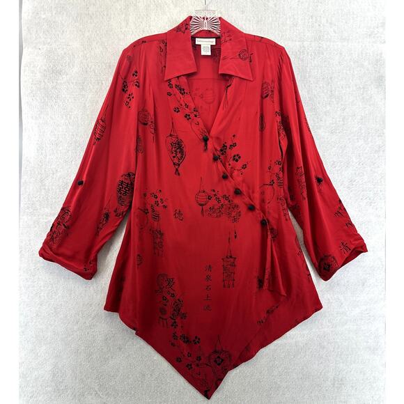 Soft Surroundings Small Tunic Top Pagoda Asian Wrap Button V Neck Red Black - Picture 3 of 9